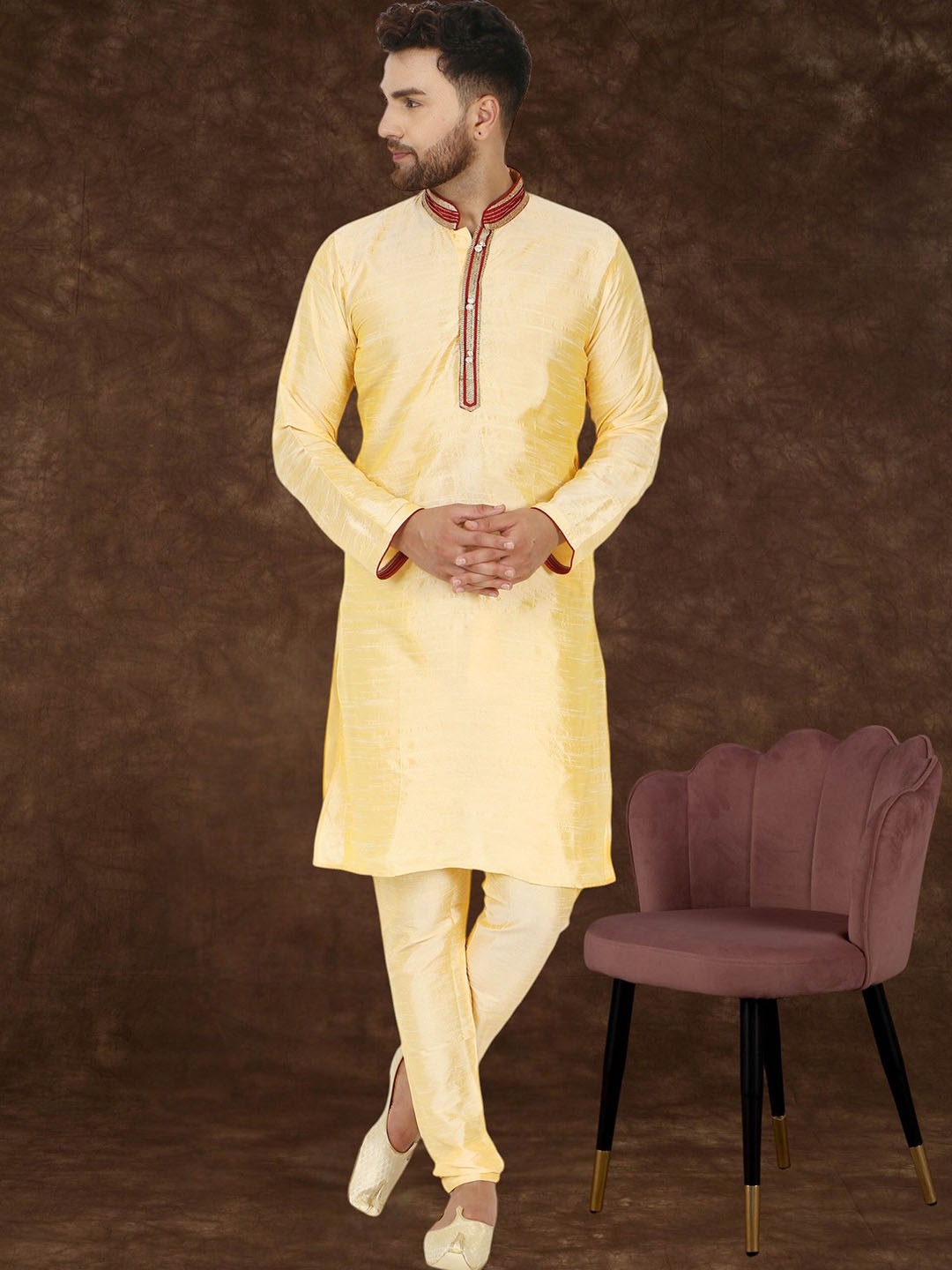 

SKAVIJ Mandarin Collar Long Sleeves Regular Sequinned Straight Kurta With Churidar, Beige