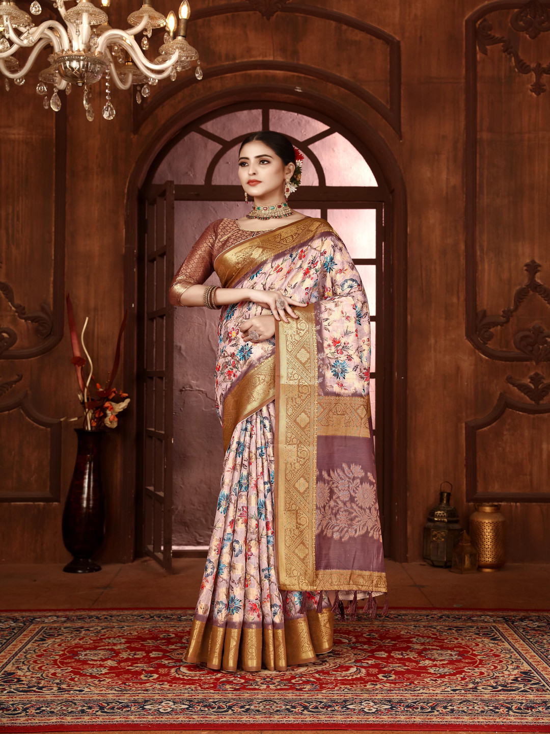 

A.V.M Prints Floral Printed Mysore Silk Saree, Pink