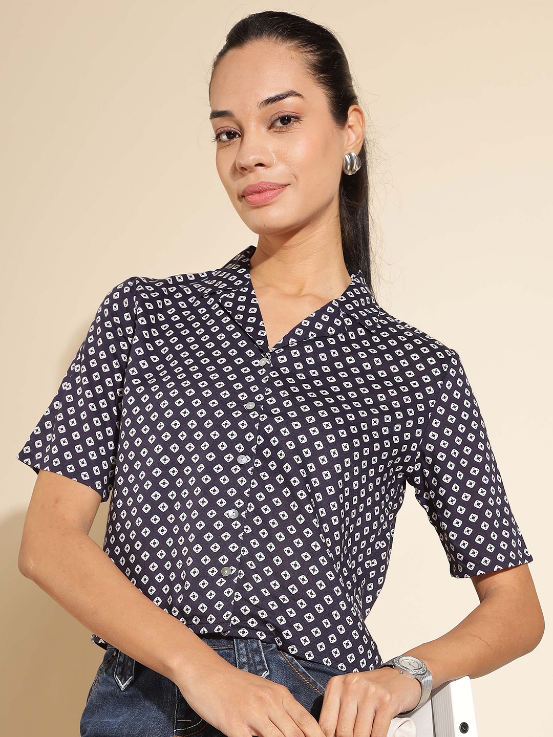 

HERE&NOW Women Slim Fit Gingham Checks Opaque Printed Casual Shirt, Navy blue