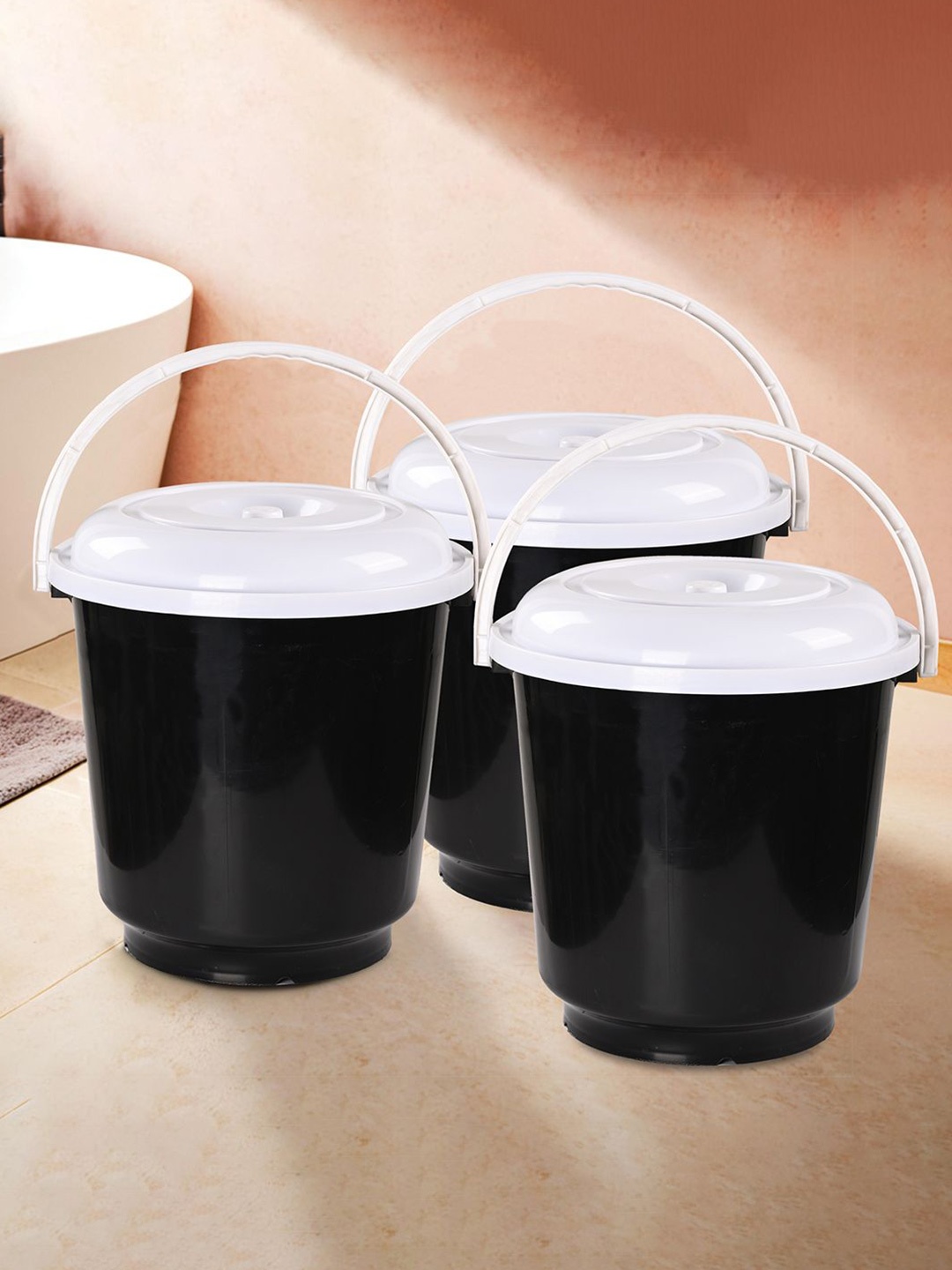 

Kuber Industries White & Black 3 Pieces Lightweight Buckets With Lids & Handles 18 L Each
