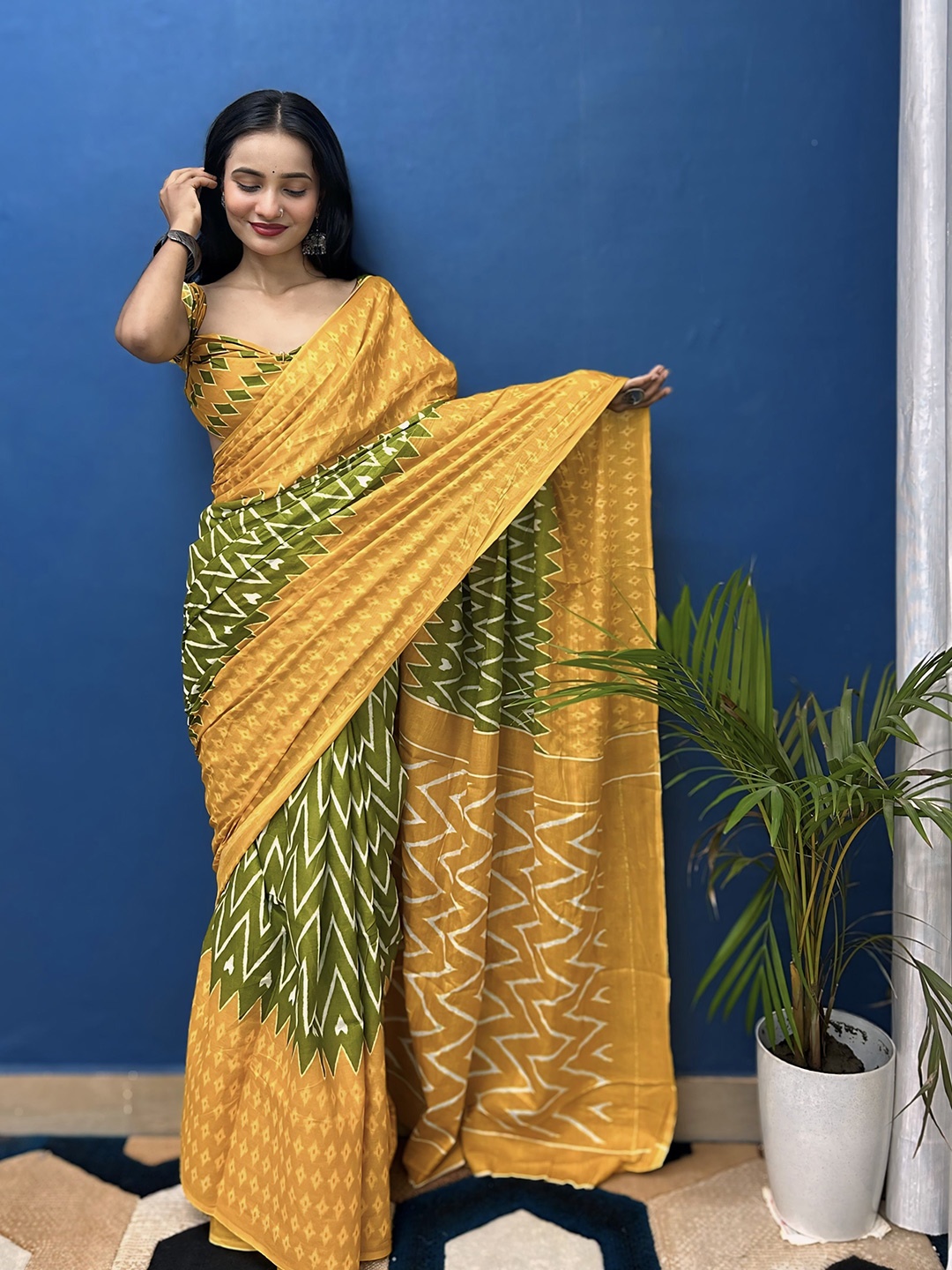 

HERE&NOW Kalamkari Printed Pure Cotton Bagru Saree, Yellow