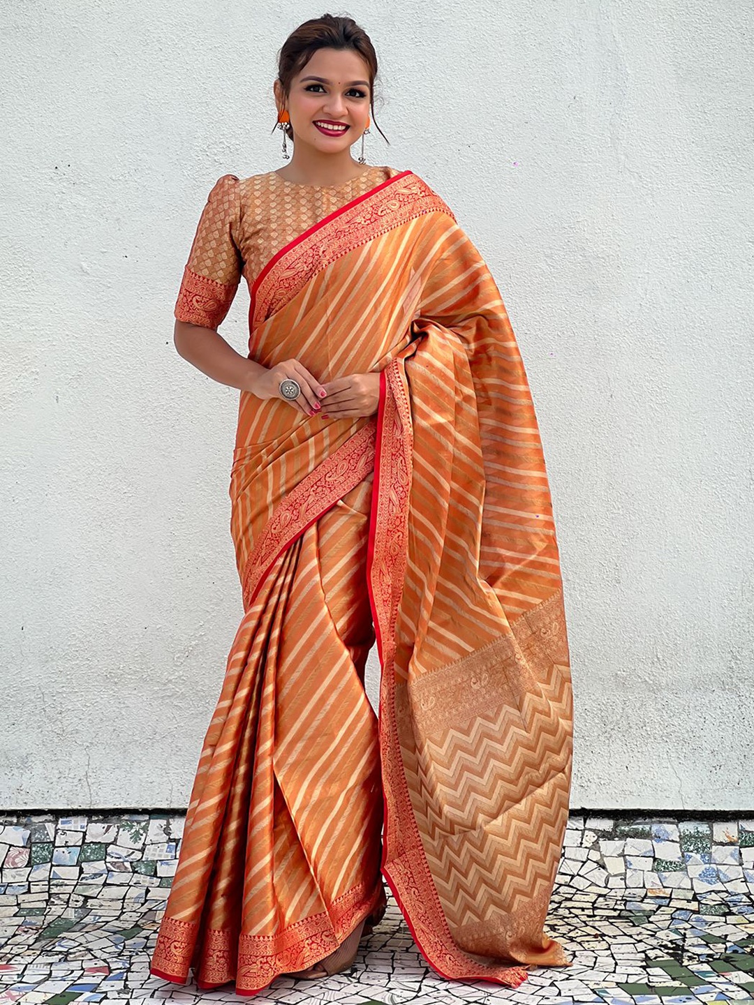 

Mitera Woven Design Zari Silk Blend Banarasi Saree, Orange