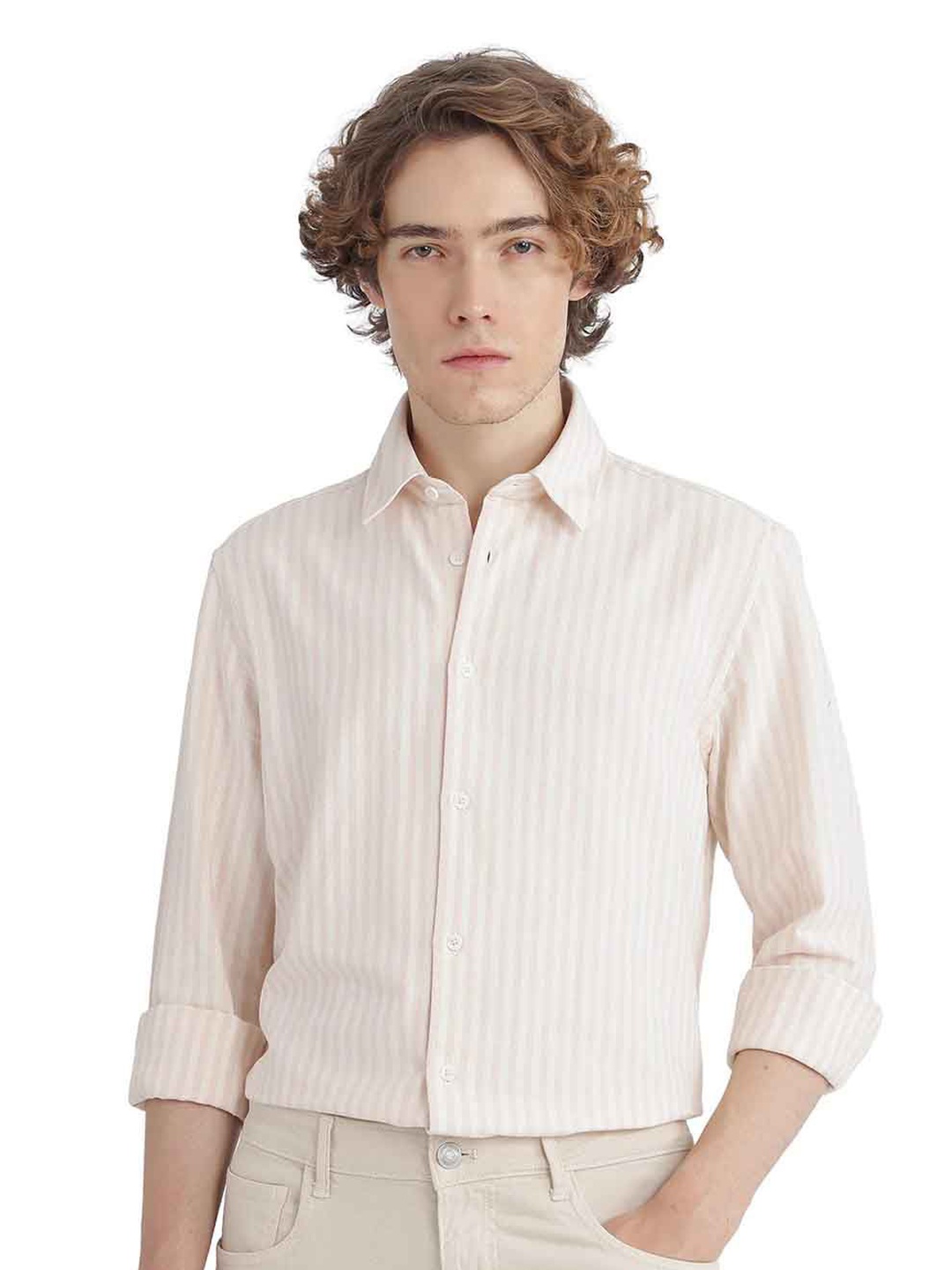 

RARE RABBIT Men Comfort Vertical Striped Cotton Casual Shirt, Pink