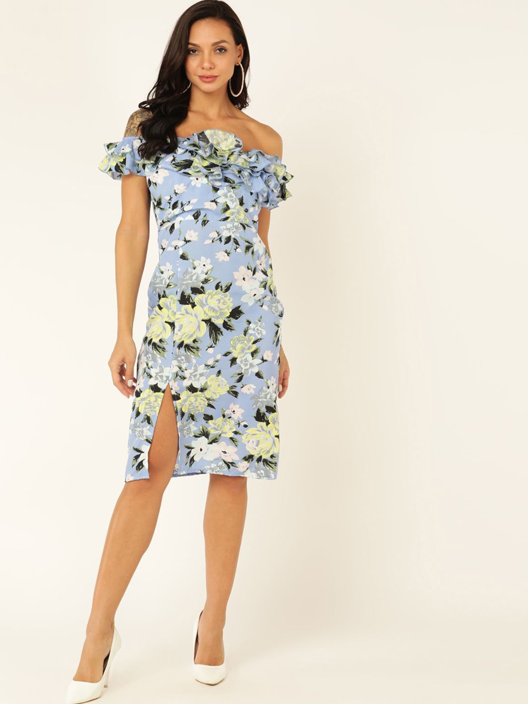 

DODO & MOA Floral Print Off-Shoulder Cold-Shoulder Georgette Sheath Dress, Blue