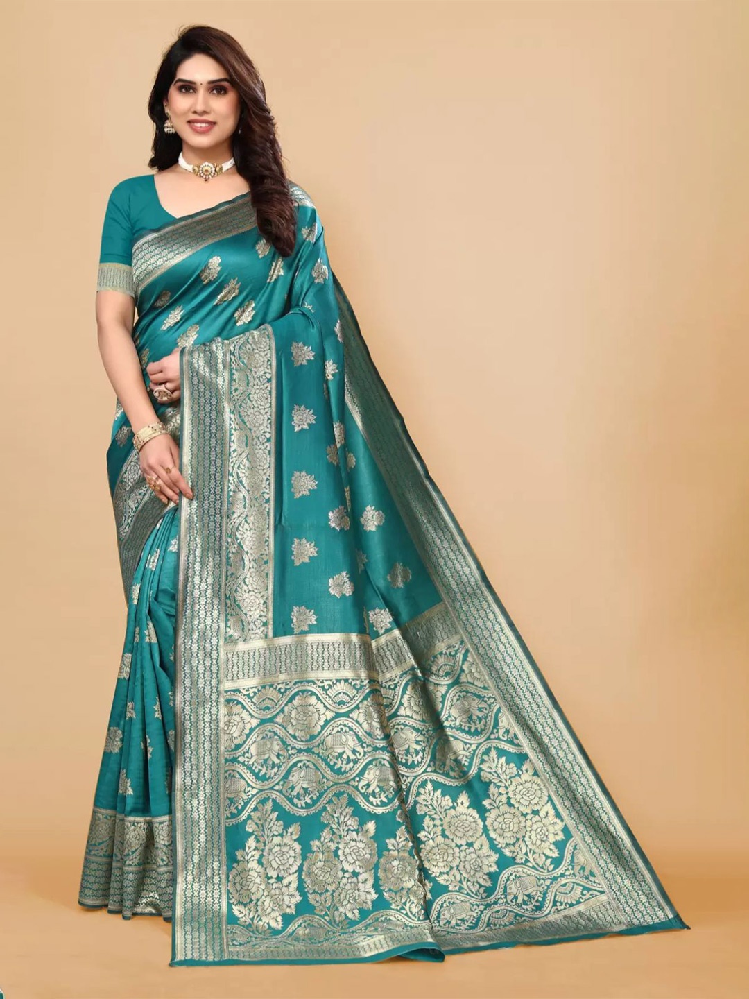 

KALINI Woven Design Zari Silk Blend Kanjeevaram Saree, Teal