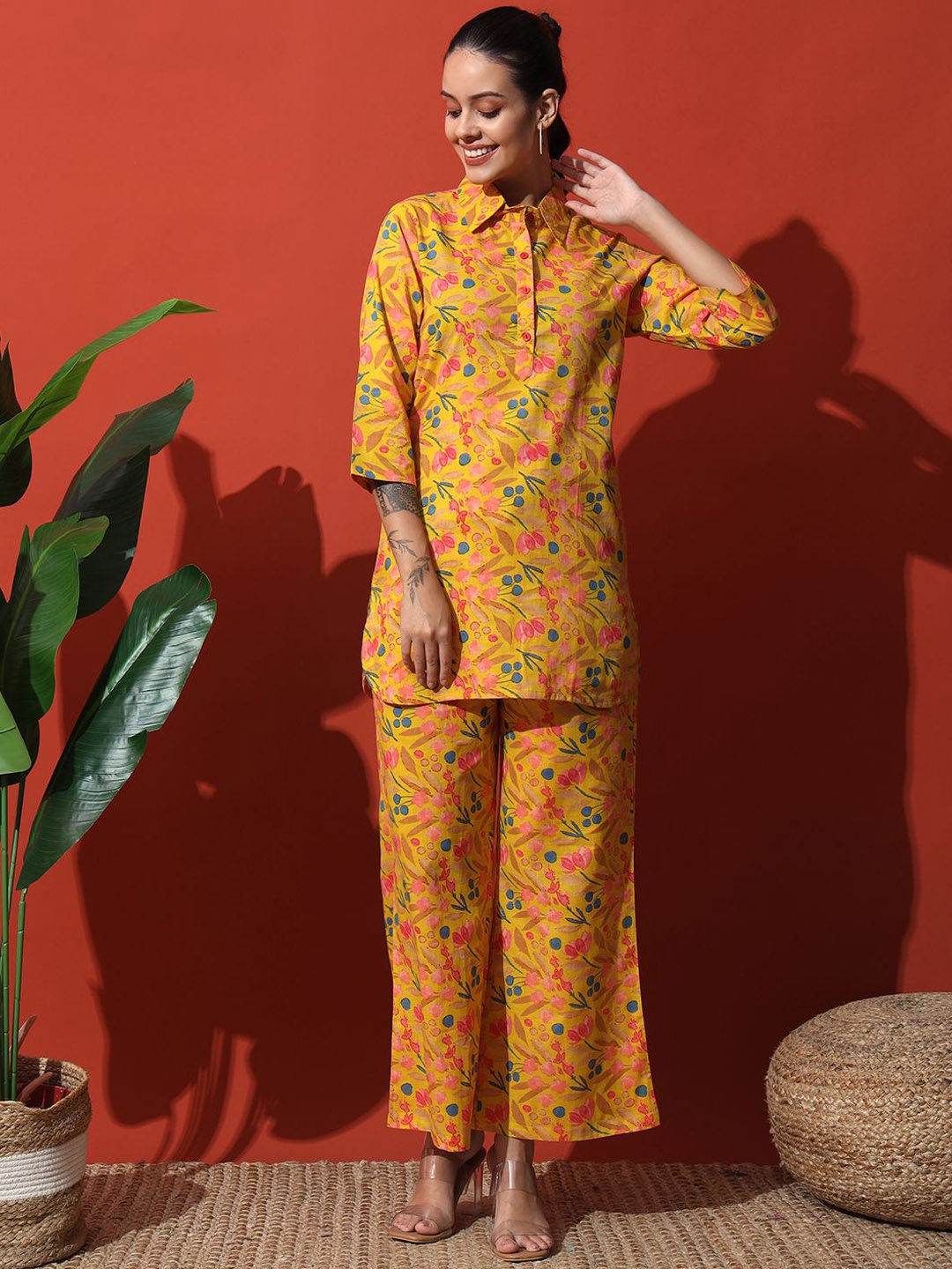 

KALINI Floral Printed Cotton Co-Ords, Mustard