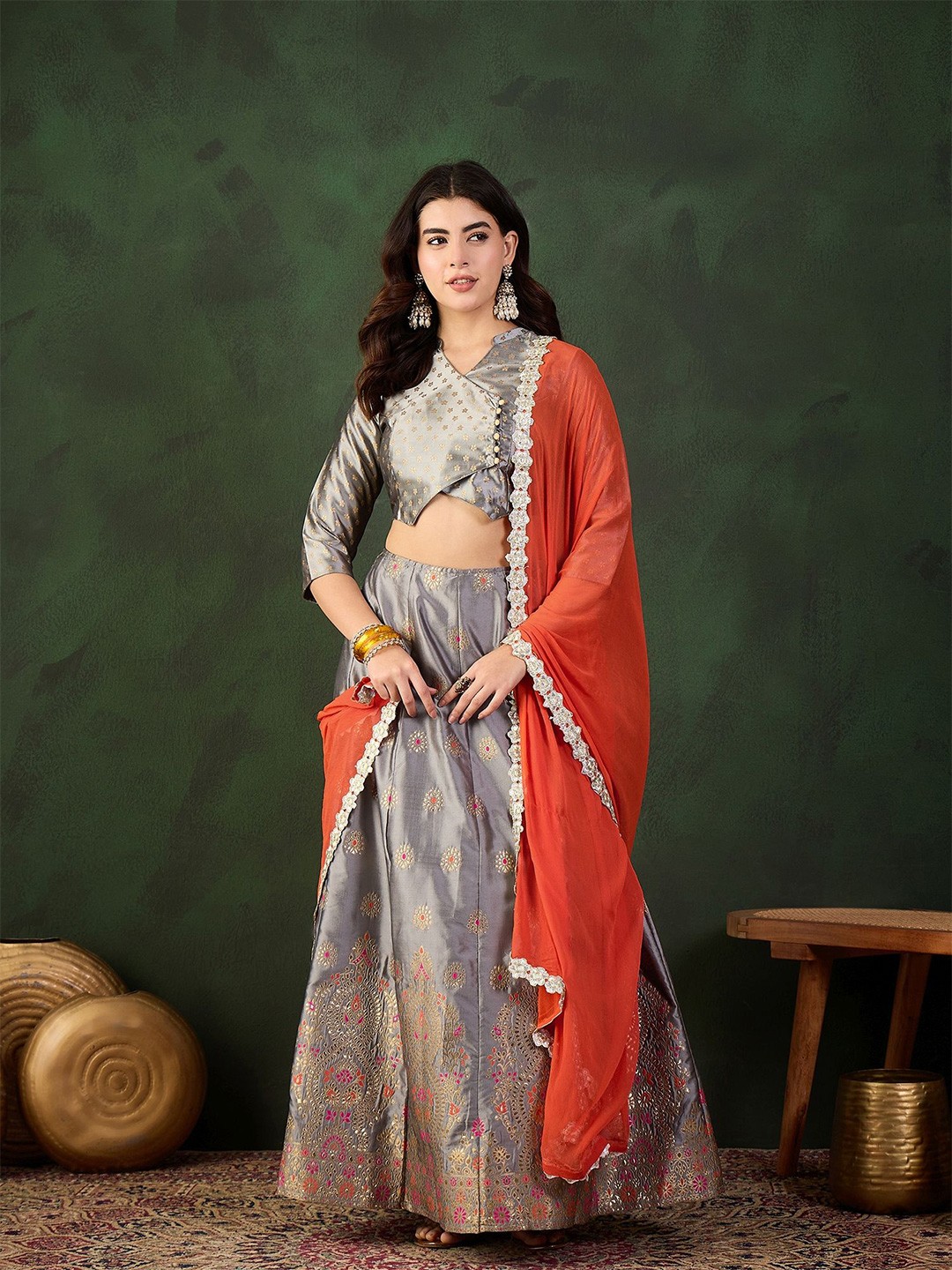 

Sangria Embroidered & Woven Design Jacquard Lehenga With Choli & Dupatta, Grey