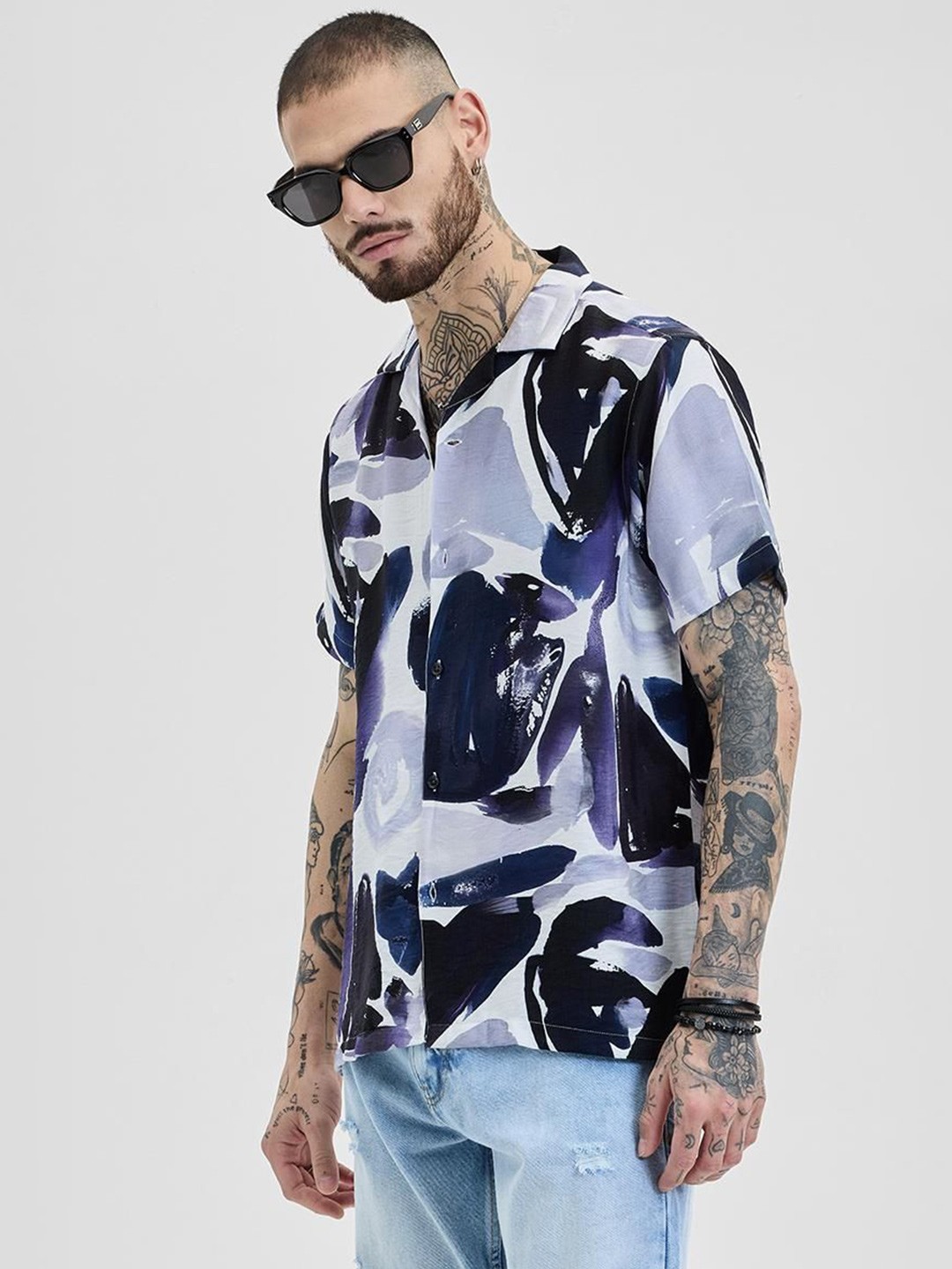 

Snitch Men Relaxed Boxy Opaque Printed Casual Shirt, Blue