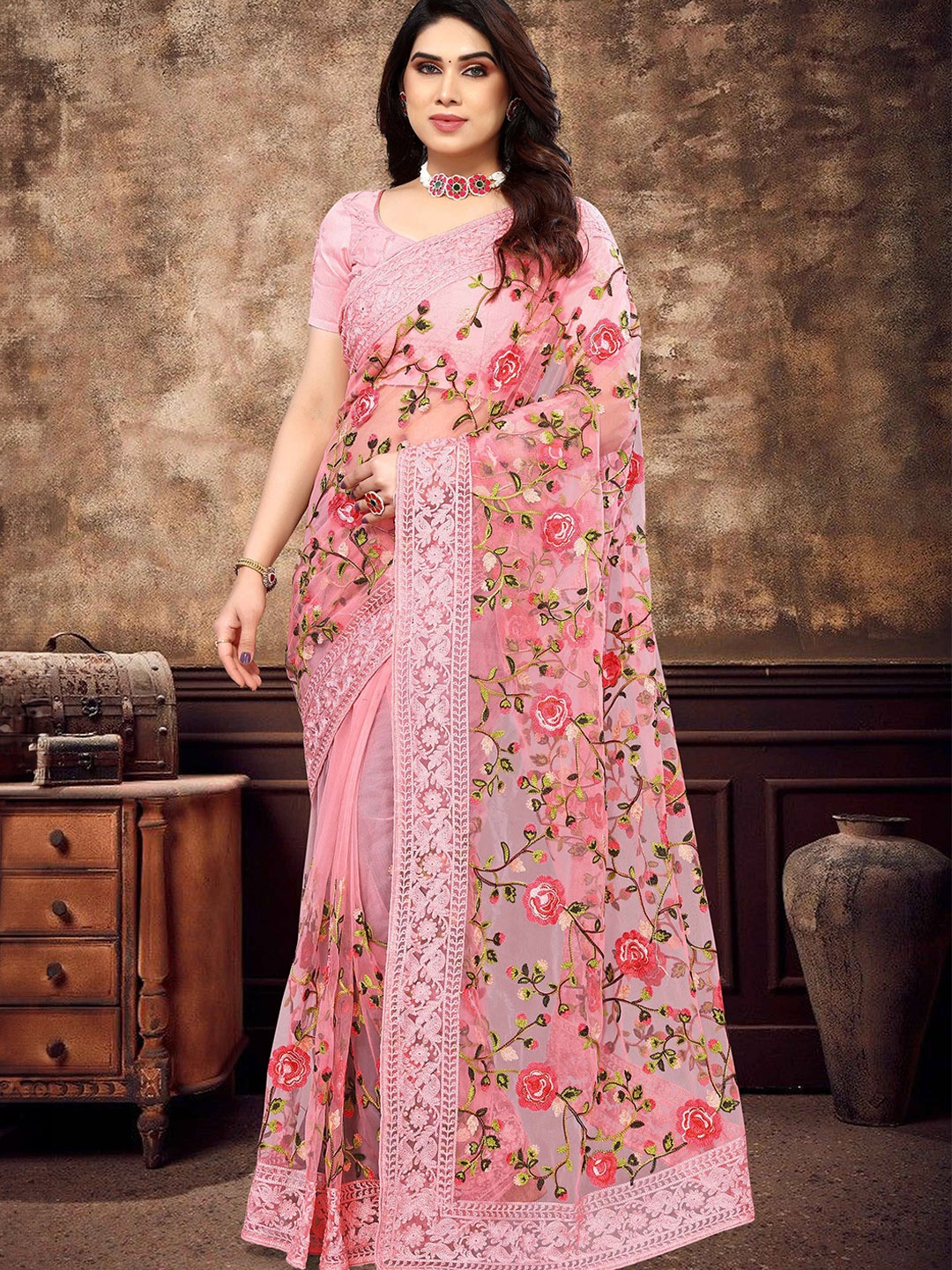 

A.V.M Prints Floral Embroidered Maheshwari Saree, Pink