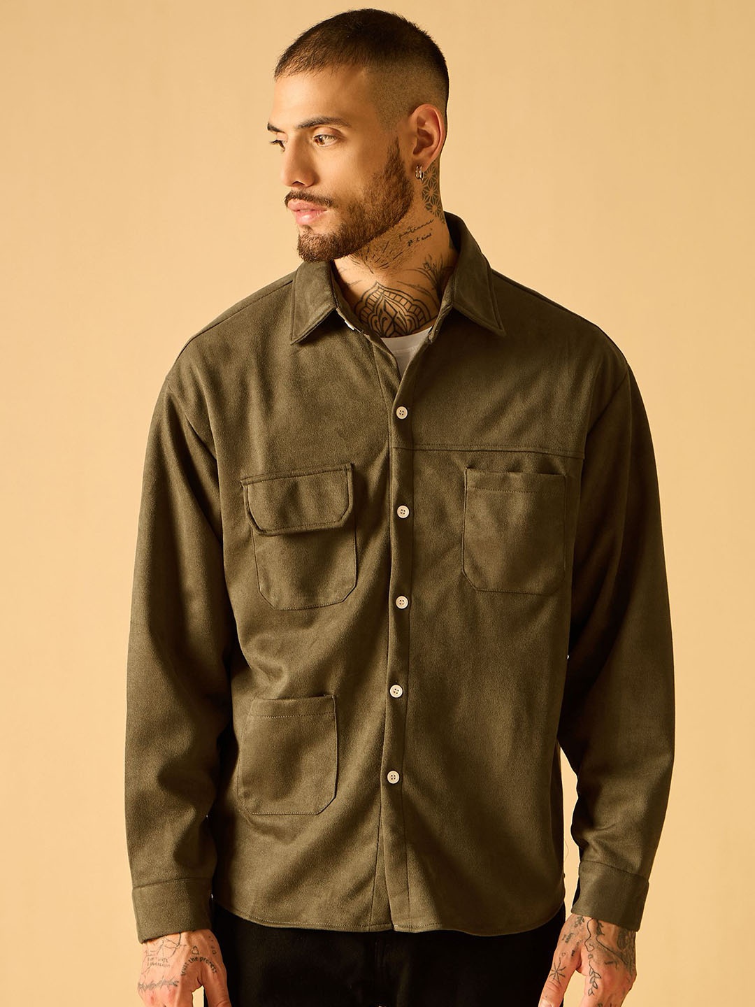 

AKS Men Suede Open Front Jacket, Olive