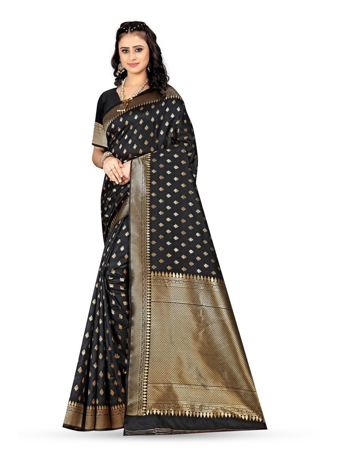 

KALINI Woven Design Zari Silk Blend Kanjeevaram Saree, Black