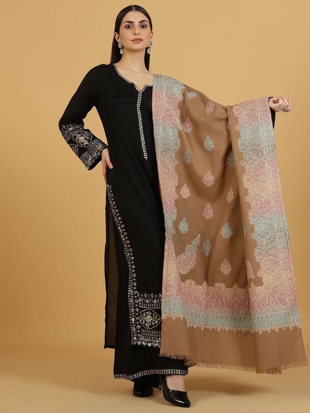 

La Vastraa Women Ethnic Motifs Woven Design Shawl, Beige