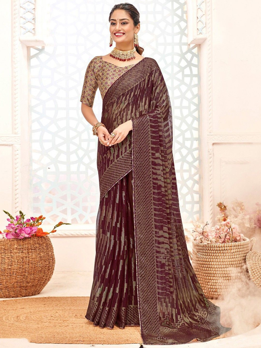 

A.V.M Prints Printed Pure Silk Saree, Brown