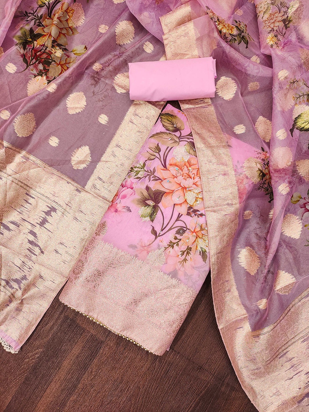 

Maroosh Floral Printed Sequinned Unstitched Dress Material, Pink