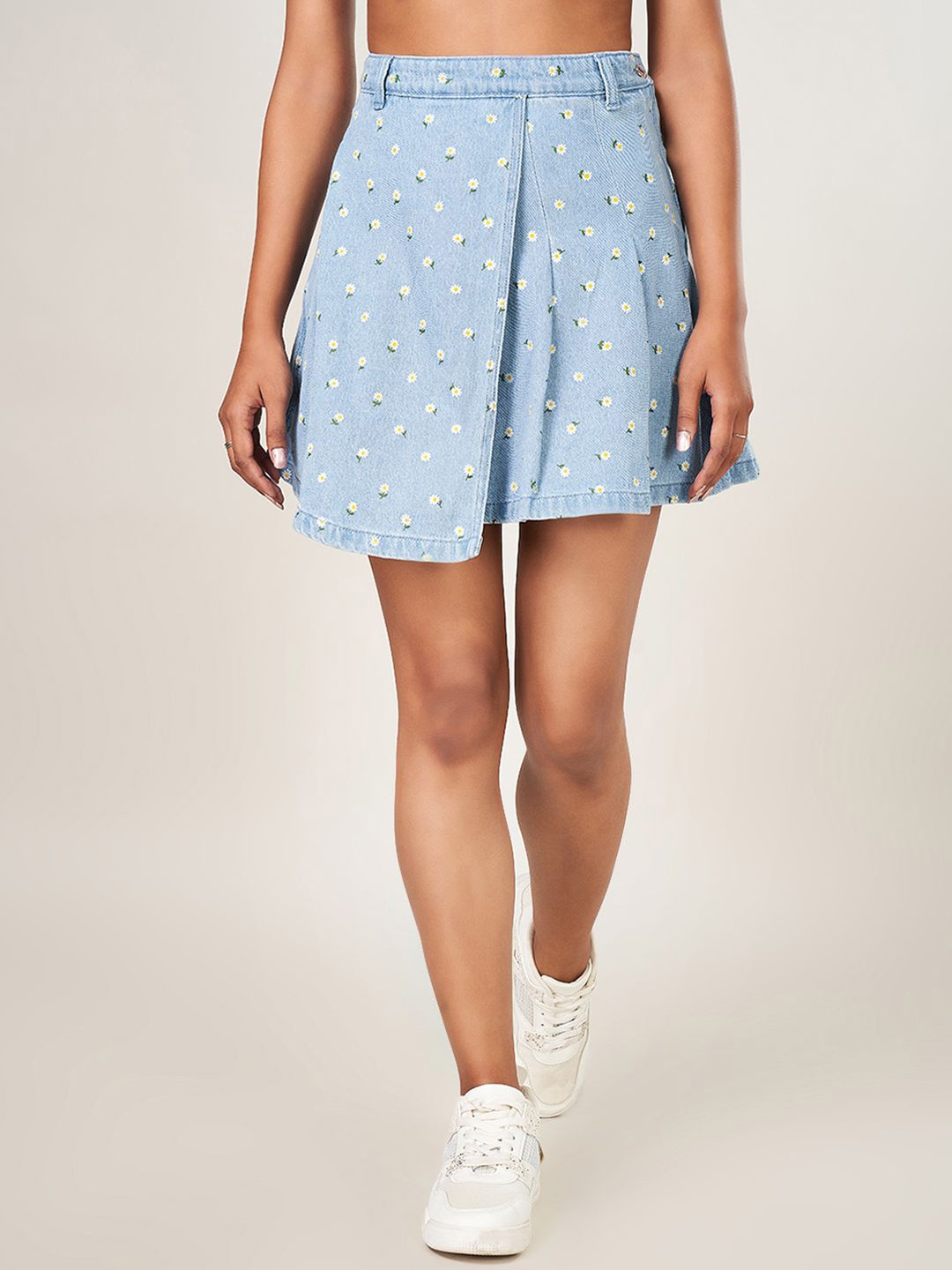 

People Women Printed Denim Pure Cotton A-Line Skirt, Blue