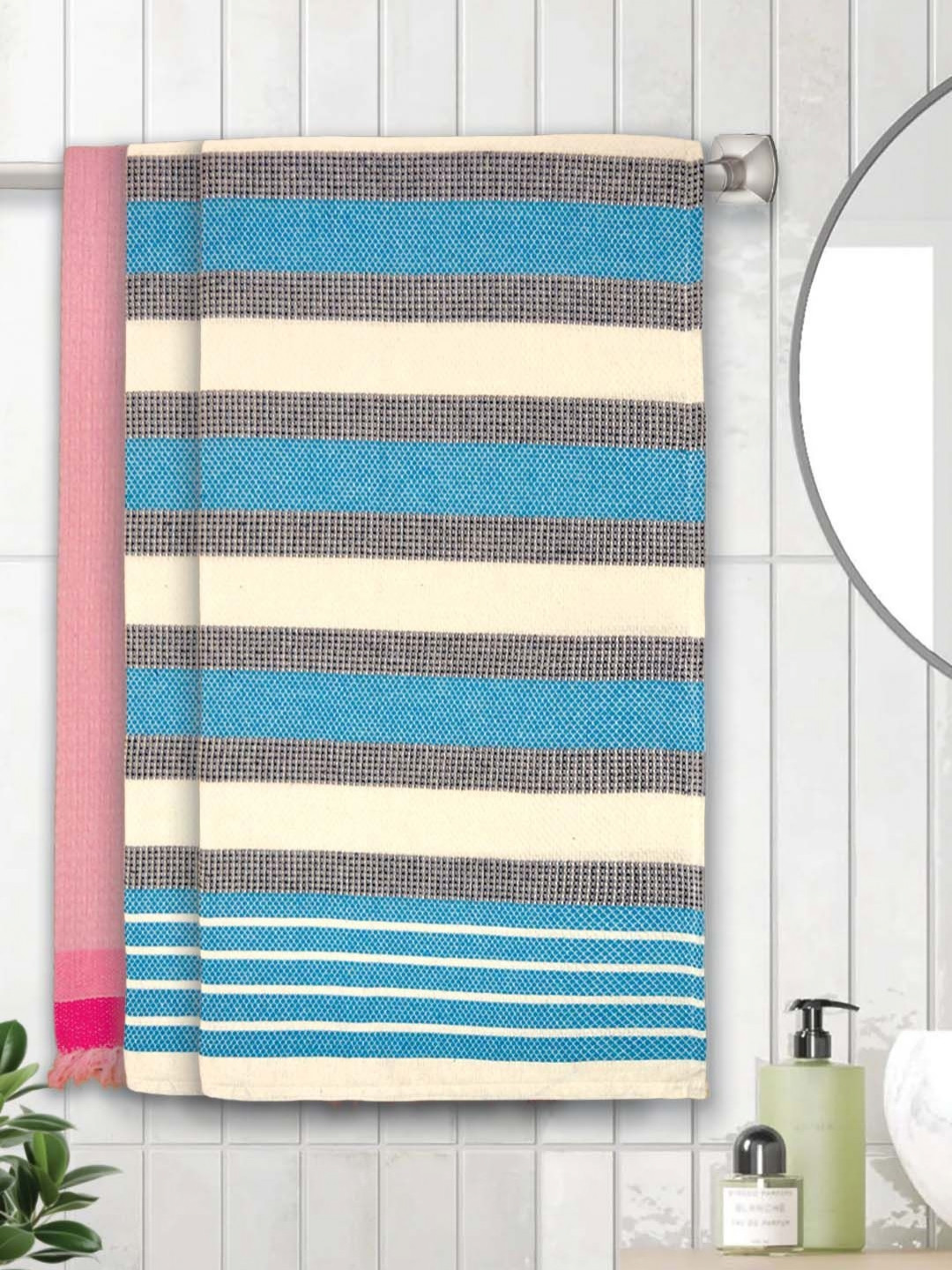 

Athom Living Blue & Pink 3 Pieces Striped Cotton 210 GSM Bath Towel
