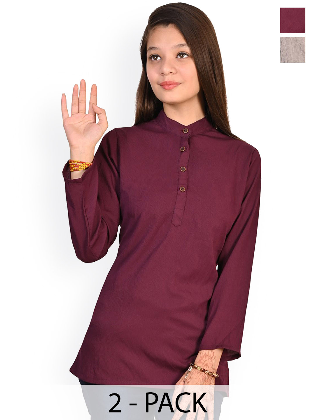 

BAESD Girls Pack of 2 Band Collar Long Sleeves Straight Kurta, Burgundy