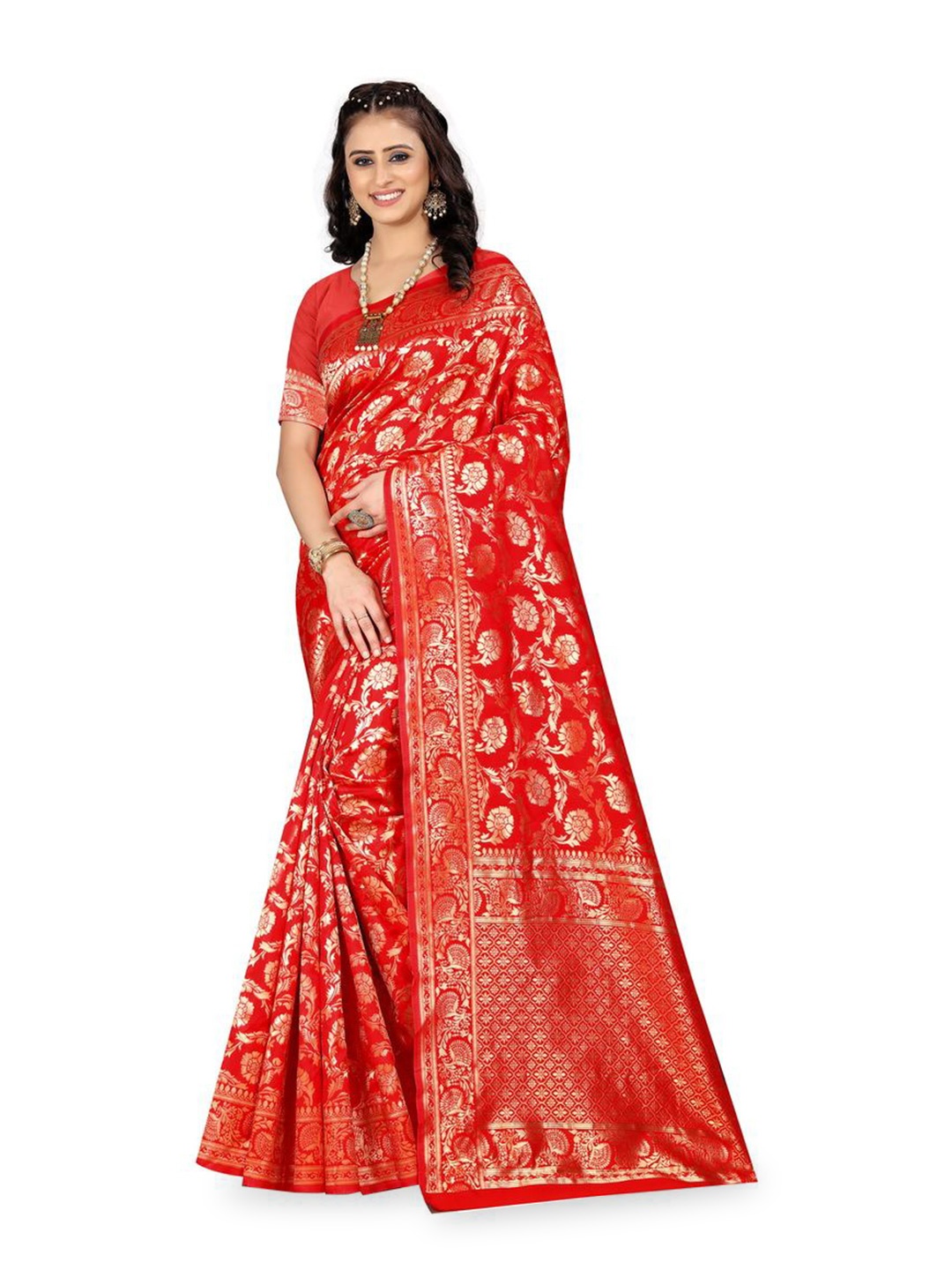 

KALINI Woven Design Zari Silk Blend Designer Kanjeevaram Saree, Red