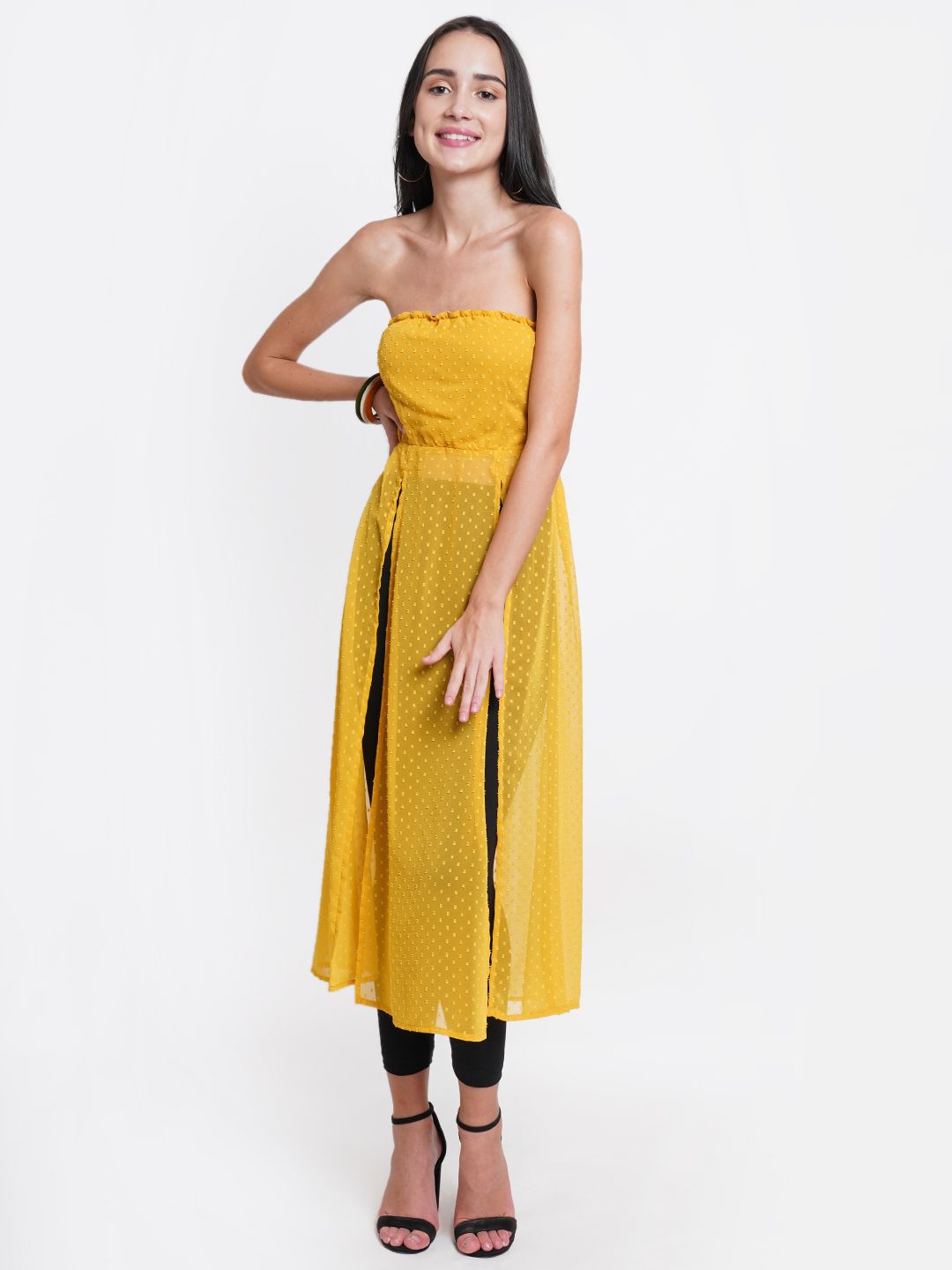 

DODO & MOA Polka Dot Print Georgette Fit & Flare Midi Dress, Mustard