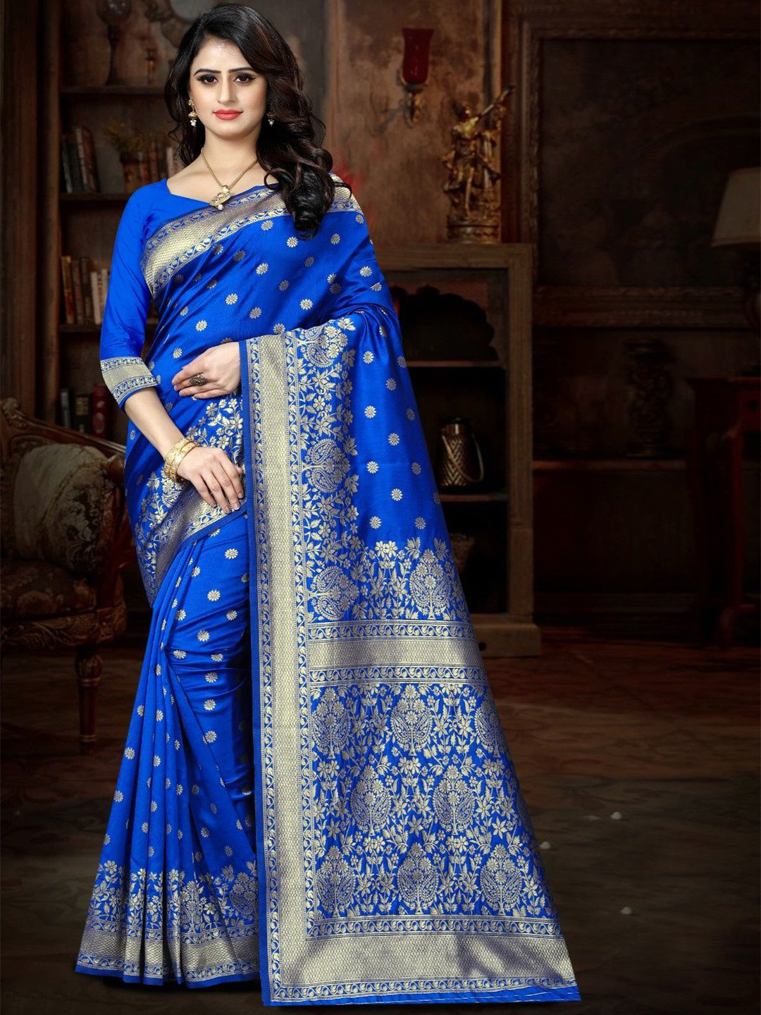 

KALINI Woven Design Zari Silk Blend Kanjeevaram Saree, Blue
