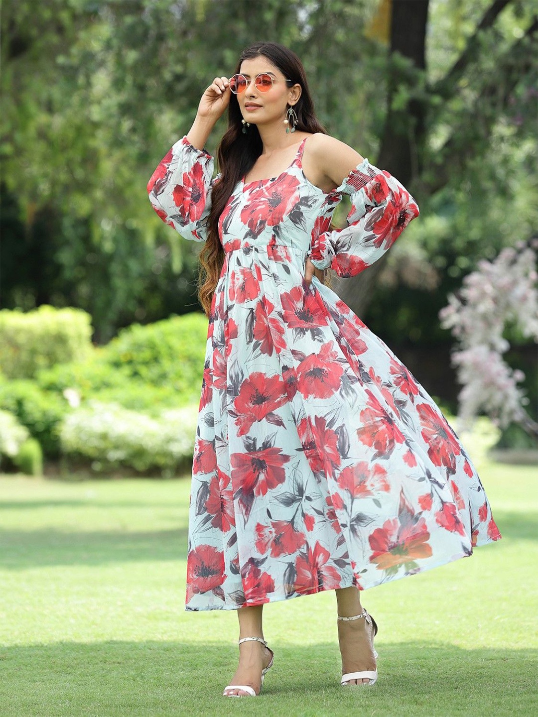 

Juniper Floral Print Chiffon Fit & Flare Maxi Dress, Green