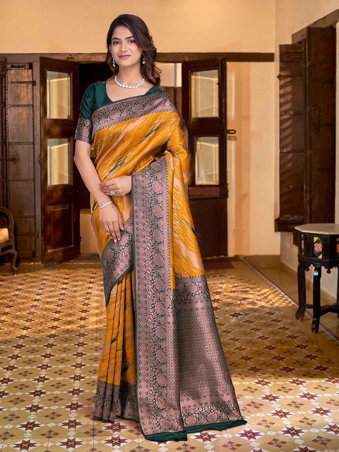 

ZIKARAA Woven Design Zari Pure Silk Saree, Mustard