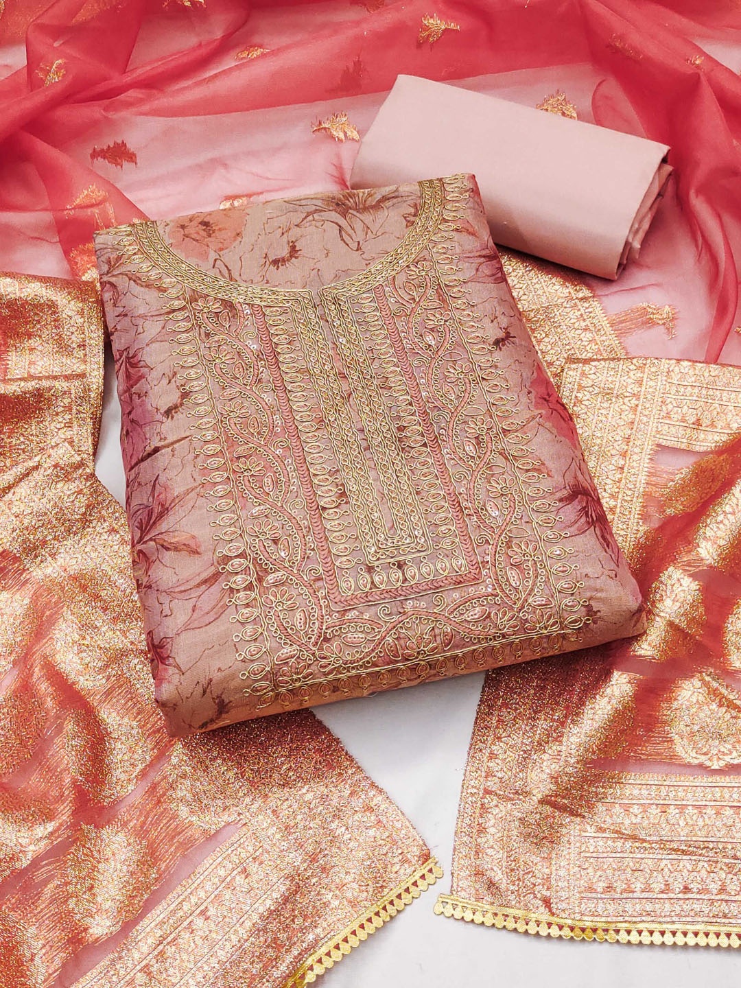 

Maroosh Floral Printed Sequinned Unstitched Dress Material, Peach