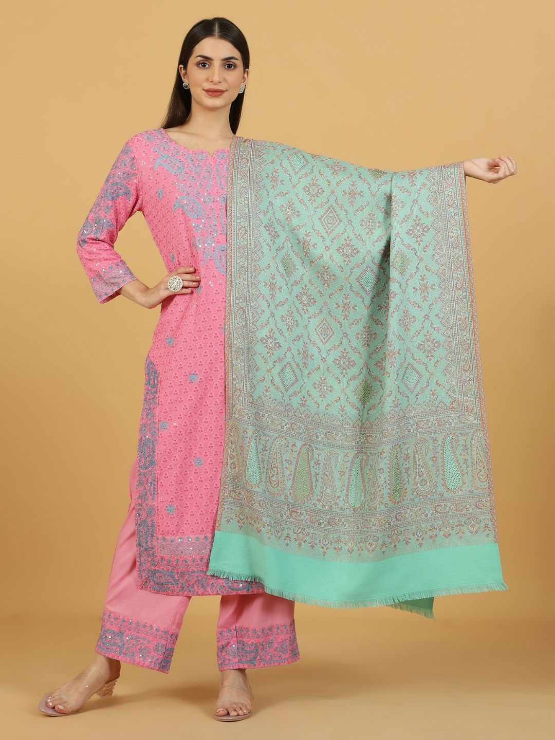 

La Vastraa Woven Design Fringed Shawl, Green