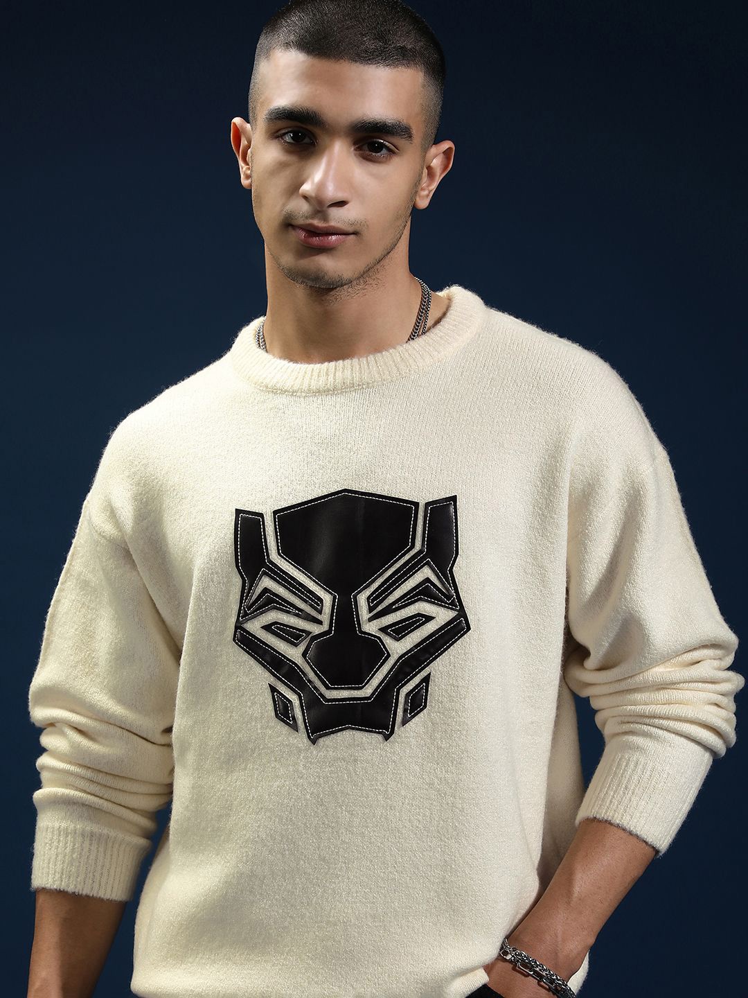 

HIGHLANDER Marvel Black Panther Men Cable Knit Pullover Sweater, Off white