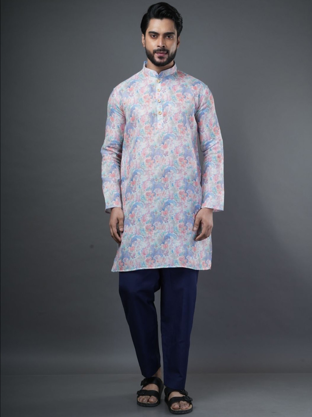 

ARYA Men Printed Regular Linen Kurta with Pyjamas, White