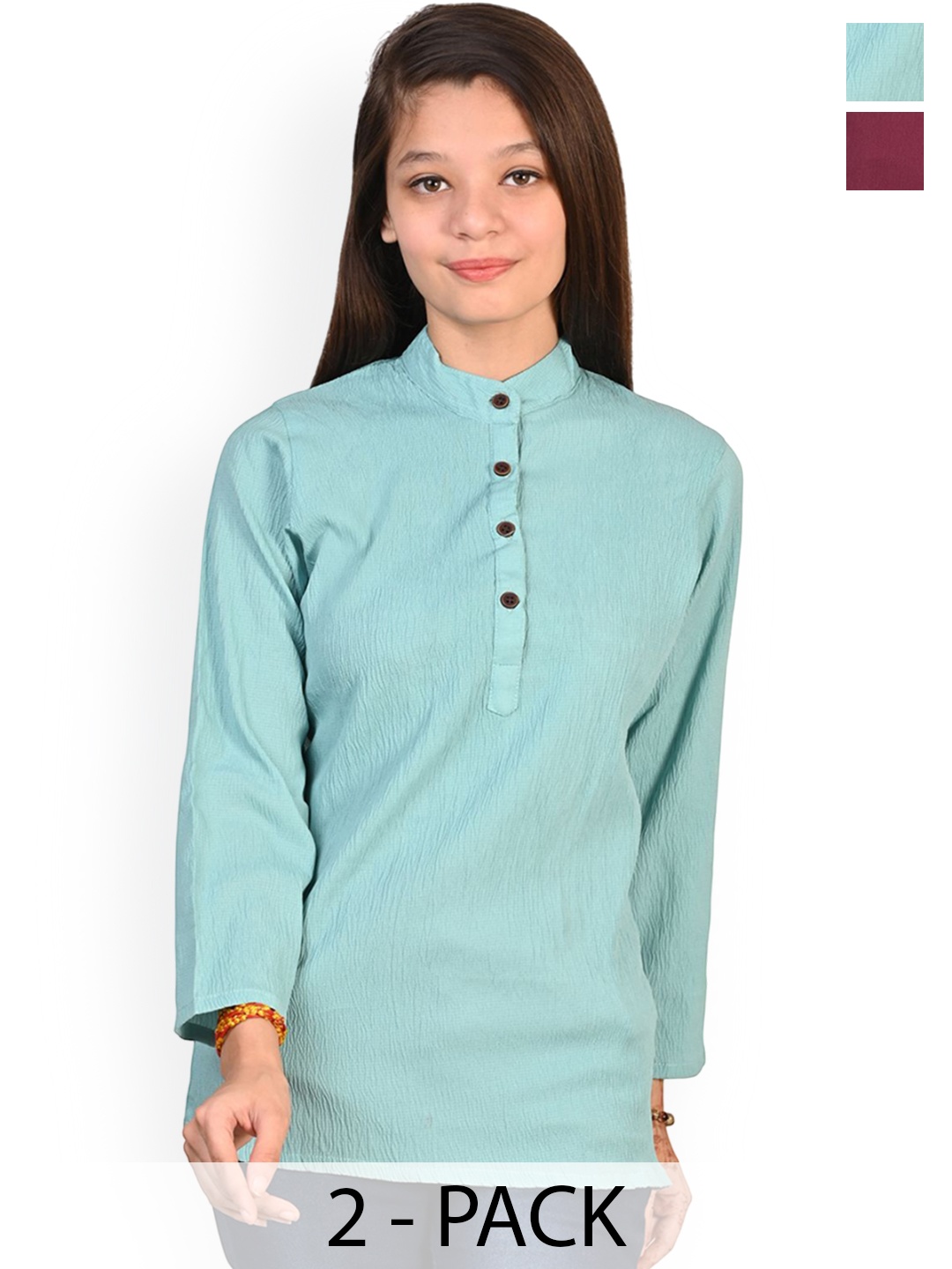 

BAESD Girls Pack of 2 Mandarin Collar Crepe Straight Kurti, Sea green