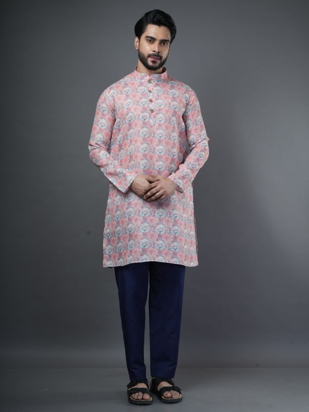 

ARYA Men Floral Printed Regular Linen Kurta with Pyjamas, Pink