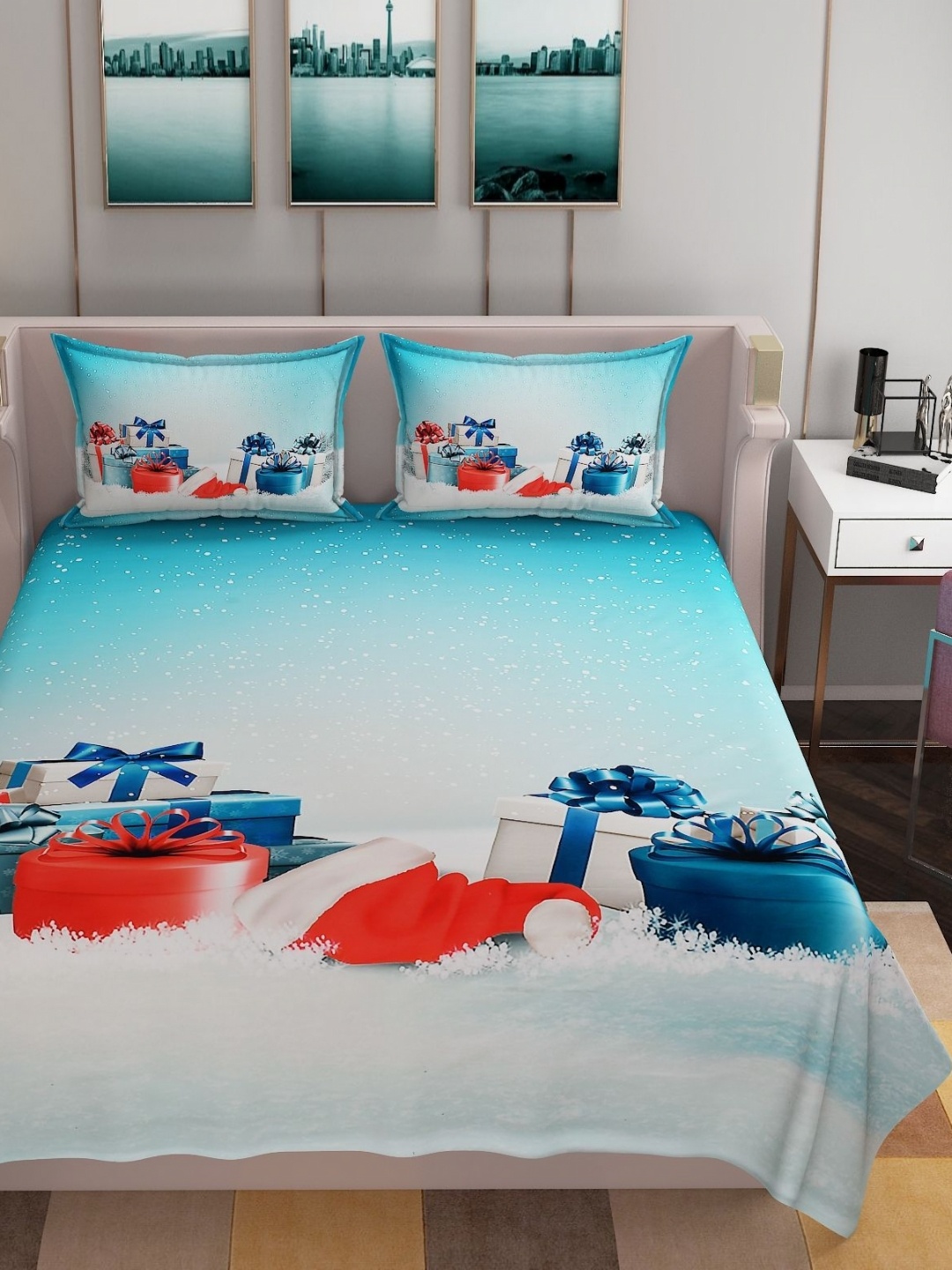 

BELVOSTUM Blue & White Cartoon Characters 250 TC King Bedsheet with 2 Pillow Covers