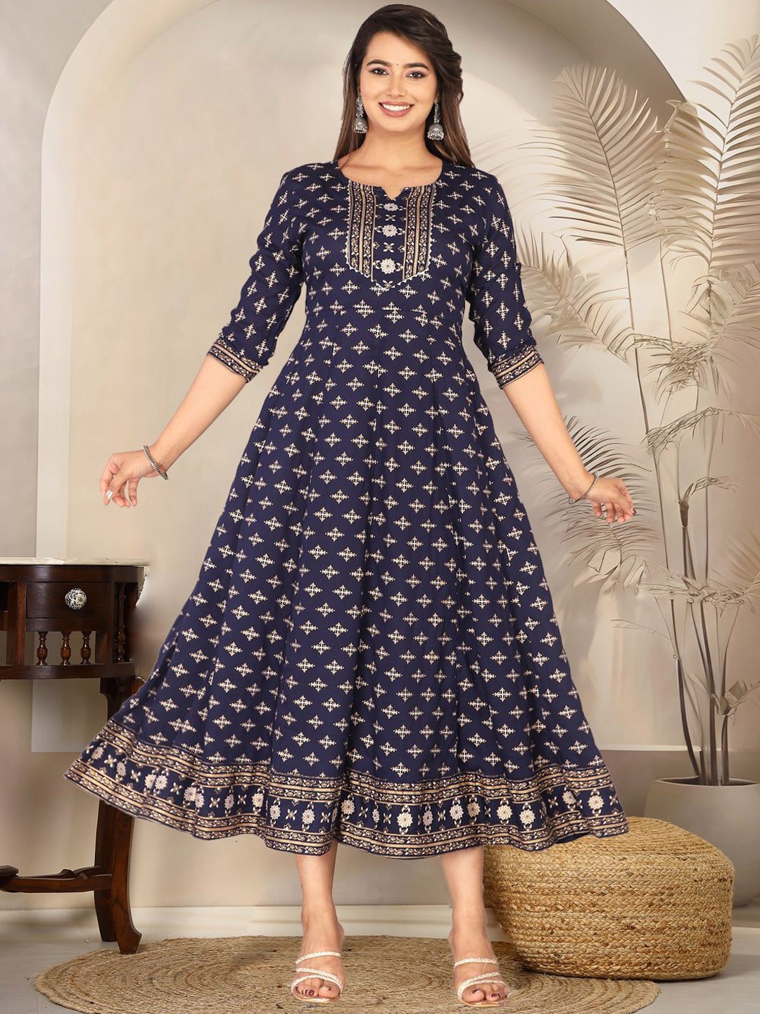 

MARISY Ethnic Motif Printed Long Flared Ethnic Dress, Navy blue