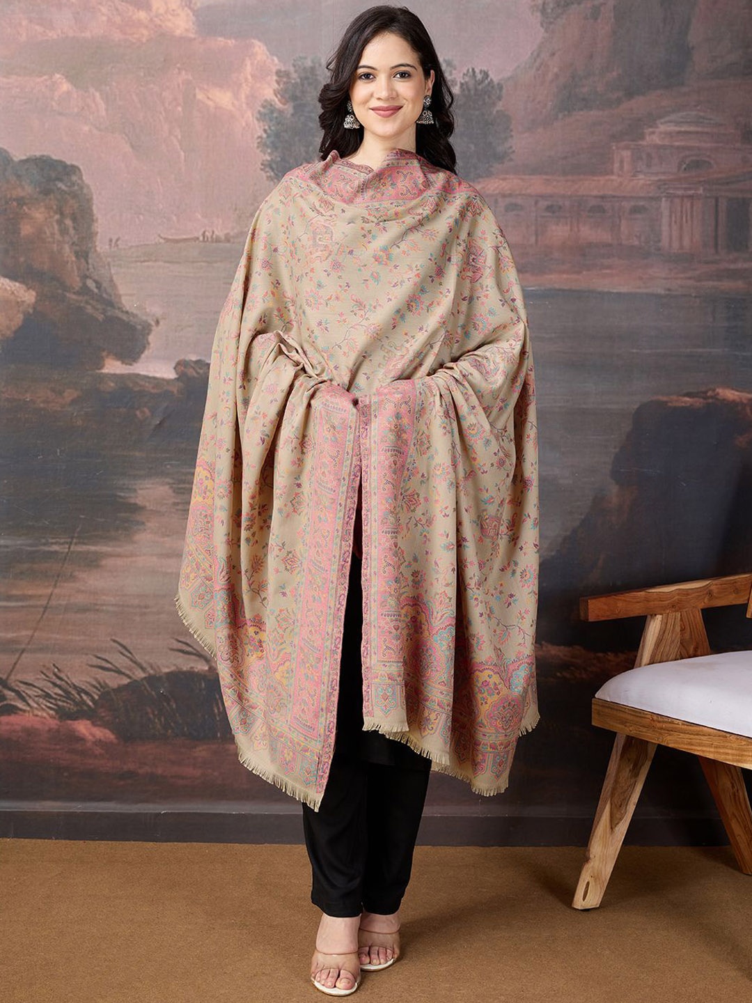 

House of Pataudi Women Floral Woven Design Shawl, Beige