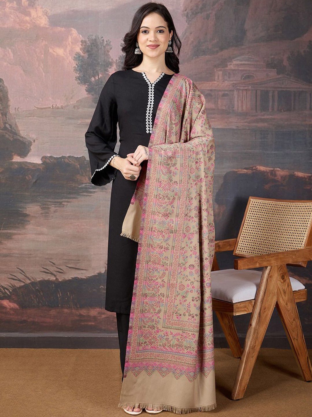 

House of Pataudi Women Floral Woven Design Shawl, Beige