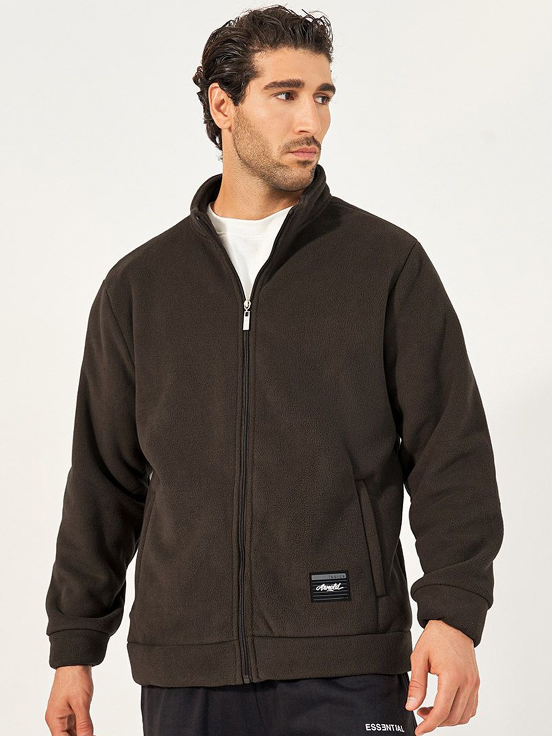 

Styli Men High Neck Fleece Utility Jacket with Full Zip Closure, Brown