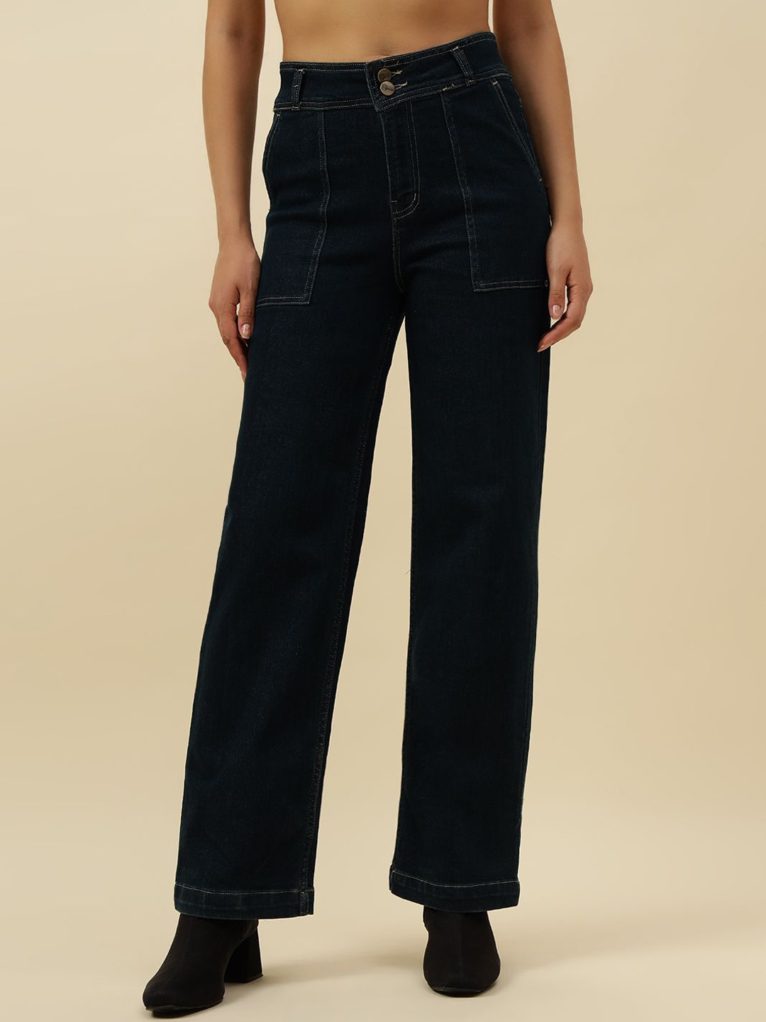 

Beatnik Women Straight Fit High-Rise Stretchable Jeans, Black