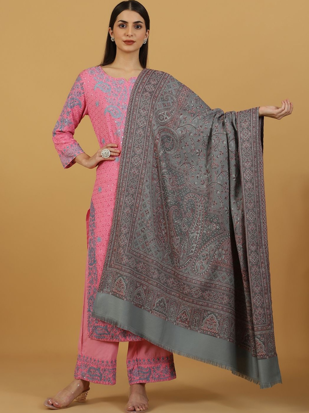

La Vastraa Women Floral Woven Design Shawl, Grey