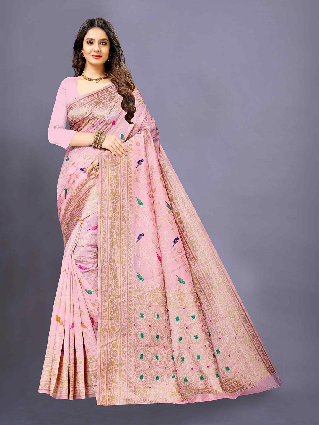 

Anaita Floral Silk Blend Designer Banarasi Saree, Peach