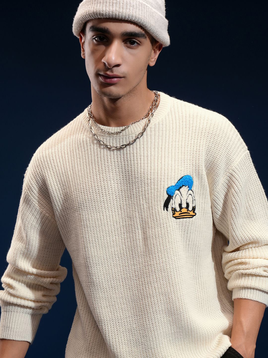 

HIGHLANDER Disney Donld Duck Men Cable Knit Pullover, Off white