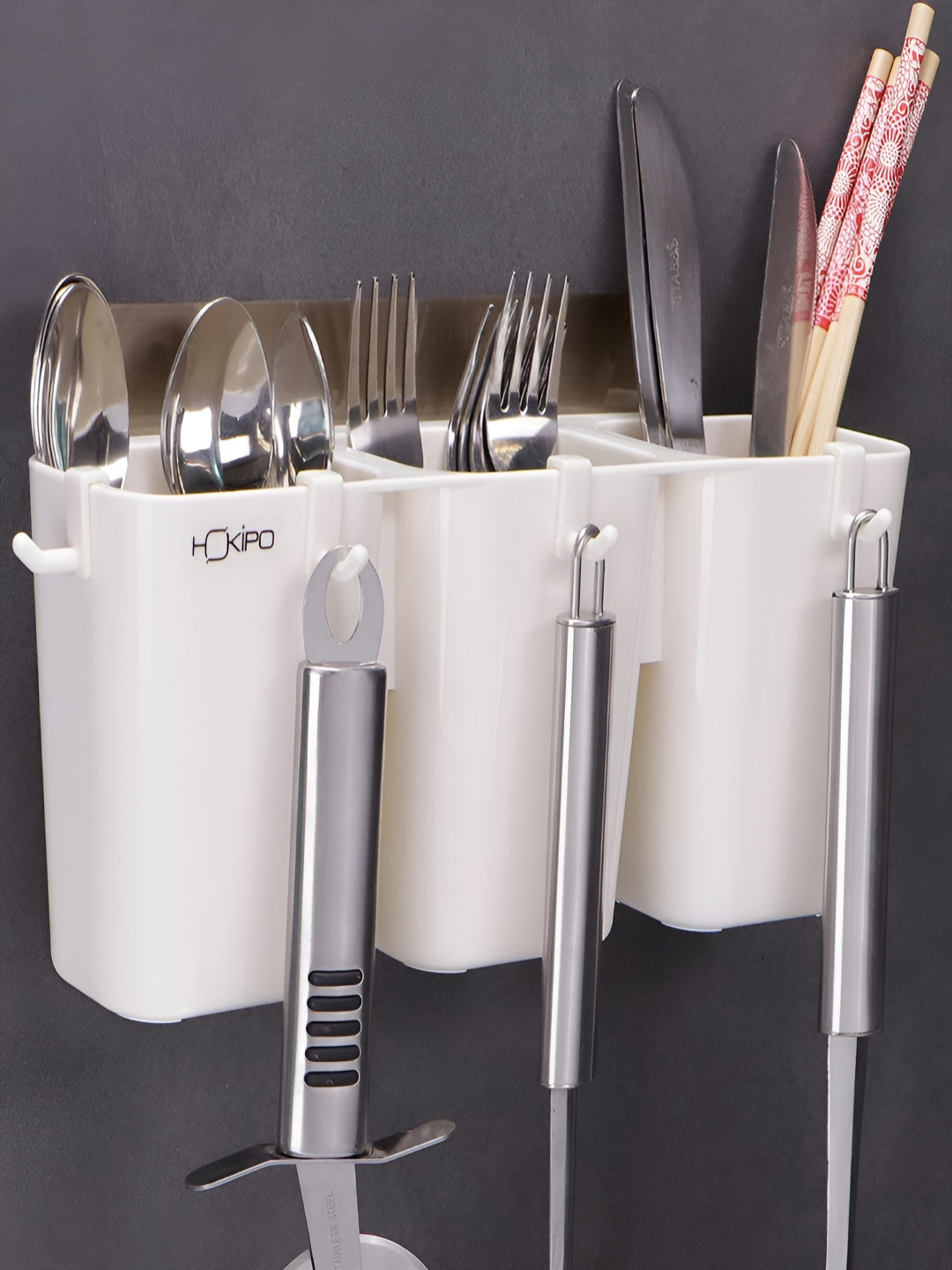 

HOKIPO White 3 Storage Compartments Cutlery Holder