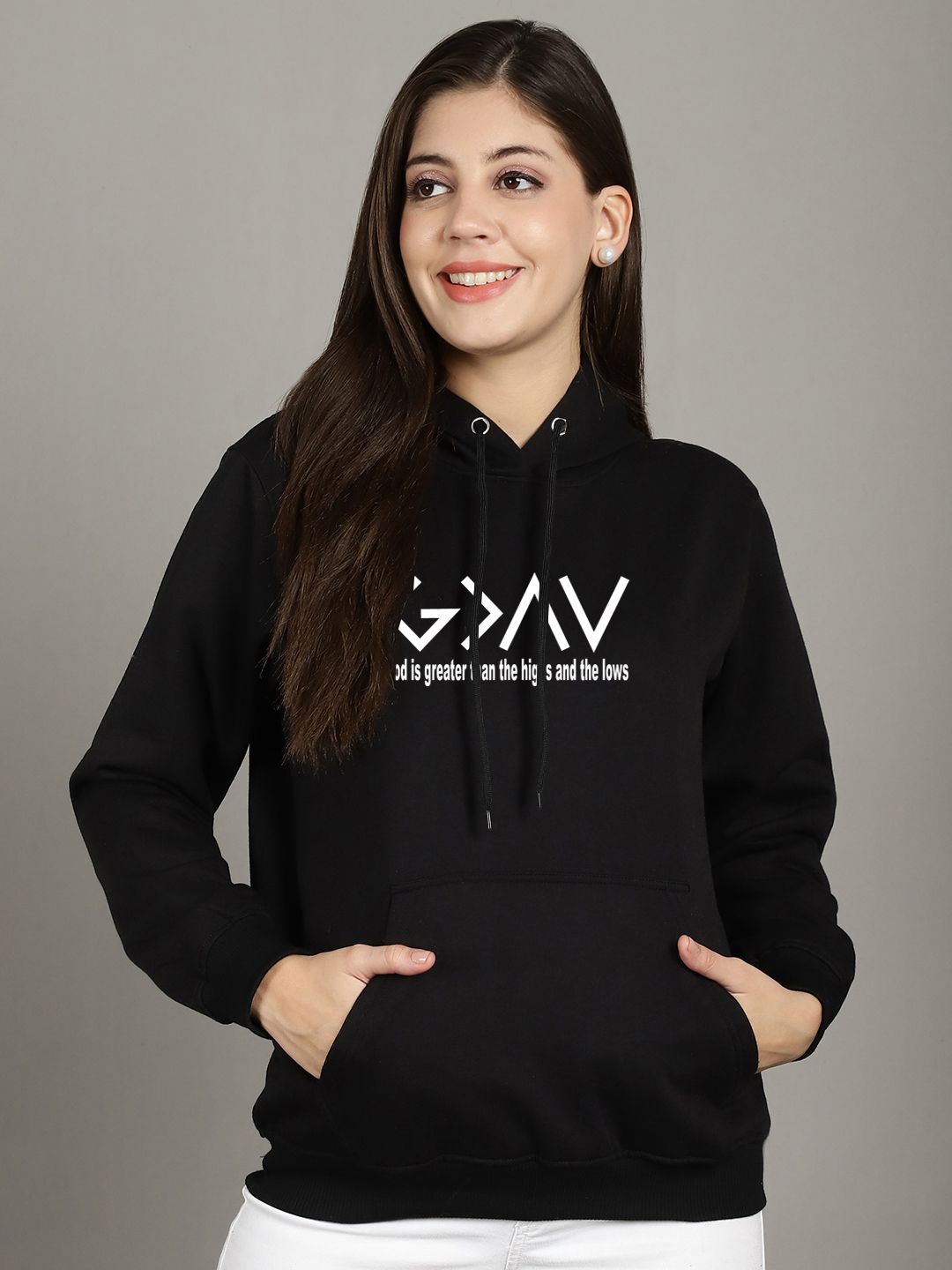 

GRACIT Women Printed Hooded Sweatshirt, Black