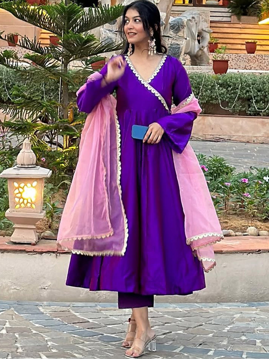 

Anni Designer V-Neck Anarkali Kurta With Trousers & Dupatta, Purple