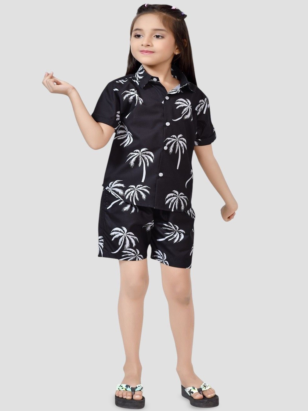 

BAESD Girls Printed Pure Cotton Shirt With Shorts Clothing Set, Black