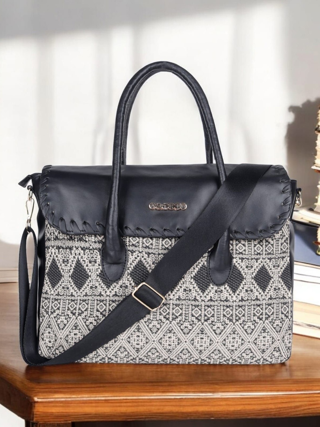 

ASTRID Geometric Printed Satchel Bag, Black