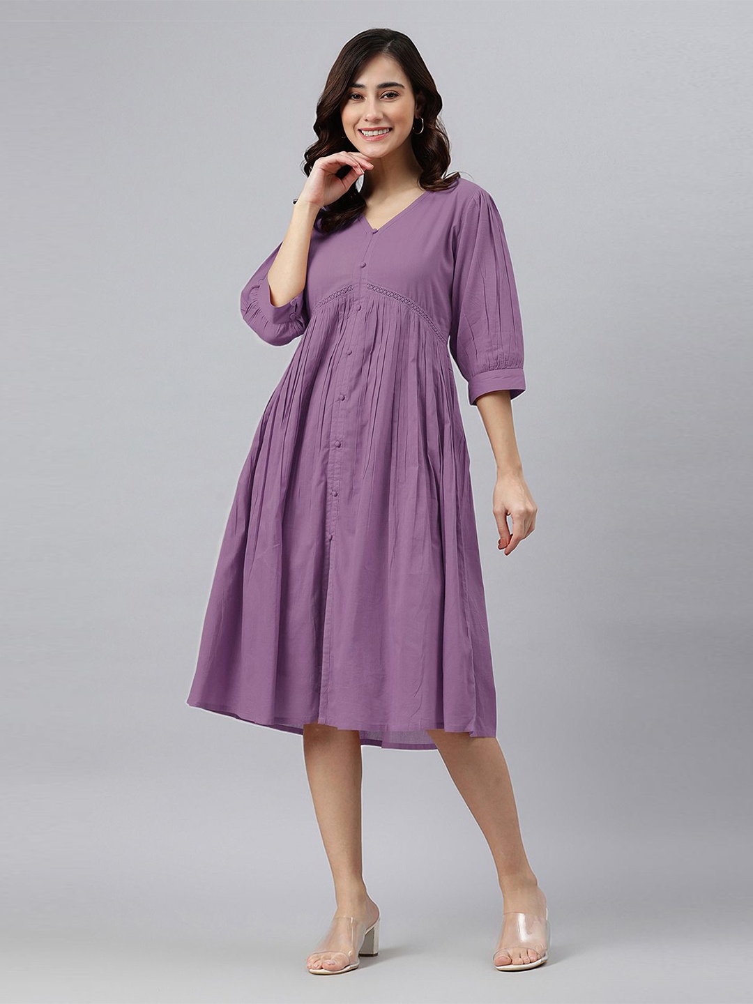 

Janasya Women's Lavender Pure Cotton Solid Gathered Dress