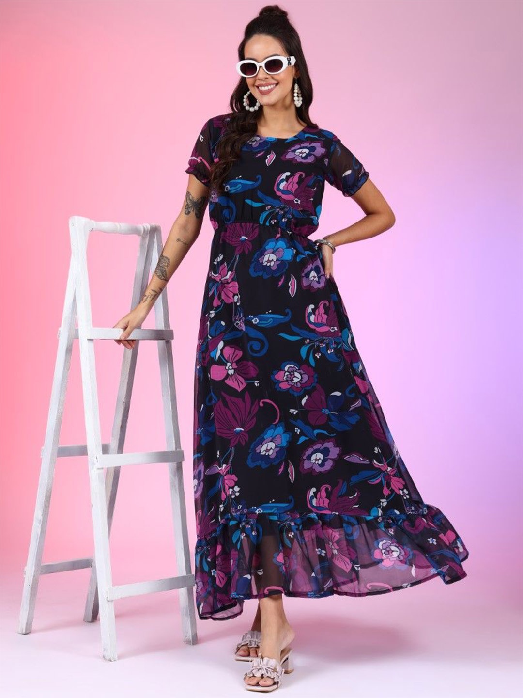 

Femvy Print Georgette Fit & Flare Maxi Dress, Multi