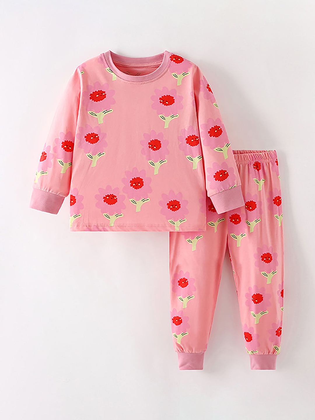 

LULU & SKY Girls Floral Printed Sweatshirt & Joggers Night Suit, Pink