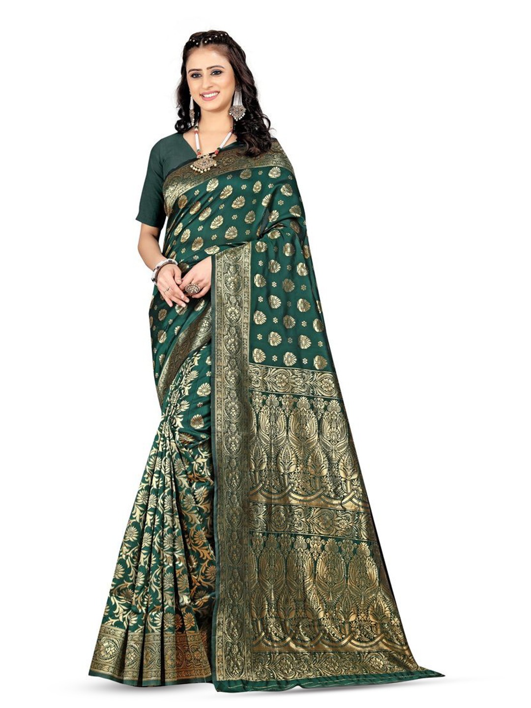 

KALINI Woven Design Zari Silk Blend Kanjeevaram Saree, Green